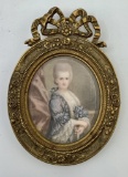 Nice Antique Miniature Hand Painted Portrait In Bronze Frame - 2¾