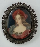 Antique Miniature French Hand Painted Portrait Brooch W/ Filigreed Frame -