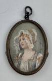 Antique Miniature French Hand Painted Portrait Set In Pendant - Circa Late