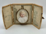 Antique English Hand Painted Portrait In Oval Brass Frame W/ Original Leath