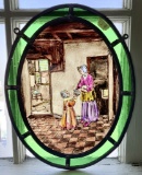 Small Oval Antique Hand Painted & Stained Glass Panel - 9½