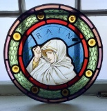 Small Round Antique Hand Painted & Stained Glass Panel - 16