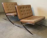 Pair Vintage Mid-Century Barcelona Style Leather & Chrome Lounge Chairs - B
