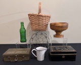 Estate Lot - 7 Items Include Woven Basket, 2 Tin Cash Boxes Etc.