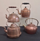 4 Copper Teapots - Largest Is 10