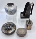 Estate Lot - 5 Pieces Include: Old Round Toleware Box, Pottery Vase, Powder