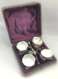 Old Salt Cellars In Box - 3 Are Complete W/ Spoons, 1 Has Been Repaired W/