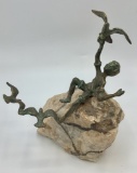 Vintage Bronze Figure On Stone - Boy W/ Birds, Artist Signed, 8