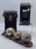 Antique 3 Bell Set;     Old Kodak Camera In Original Case