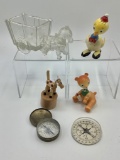 Vintage Glass Candy Container - Donkey W/ Cart;     2 Small Compasses;