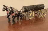Antique Iron Toy - 2 Horses & Log, Hubley, Missing Driver, 15