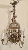Very Nice French Louis XV Bronze Birdcage Porcelain Flower & Figural Crysta
