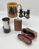Set Old Binoculars In Leather Case;     Leather Covered Flask;     English