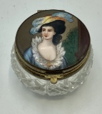 Small Antique Cut Glass Powder Box W/ Hinged Lid & Painted Porcelain Portra