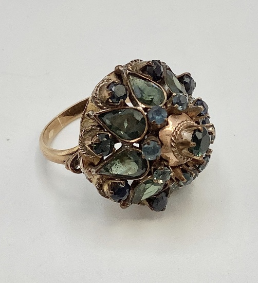 Vintage Thai Princess Dome 14kt Gold Marked Ring - W/ Green & Blue (sapphir