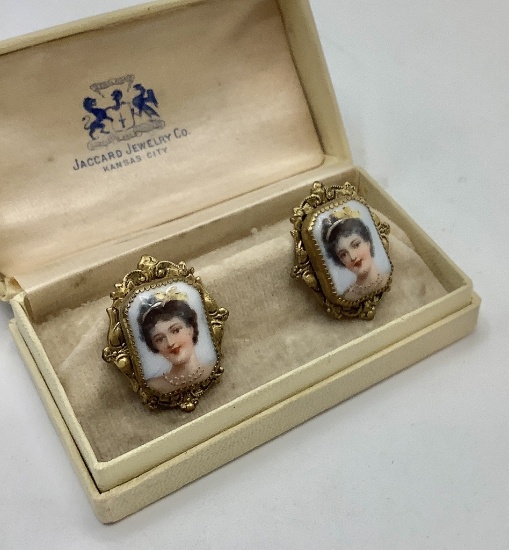Pair Hand Painted Enameled Portrait Earrings - Victorian/Edwardian Era
