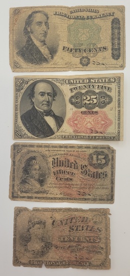4 U.S. Fractional Currency - 1963 10¢ Note, 1862 15¢ Note, 1874 25¢ Note, 1