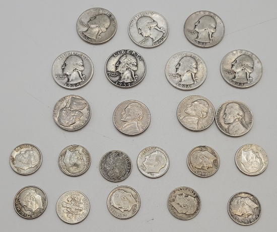 7 Washington Quarters - 1936, 2 1941, 1945, 1951, 1952, 1959;     11 Roosev