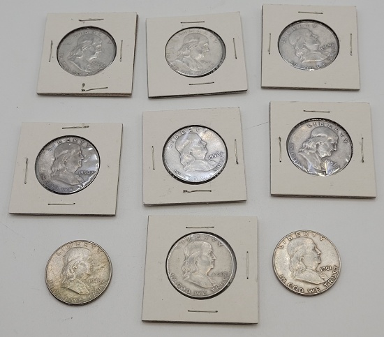9 Franklin Half Dollars - 1948, 1950, 2 157, 1958, 1960, 1961, 1962, 1963 -