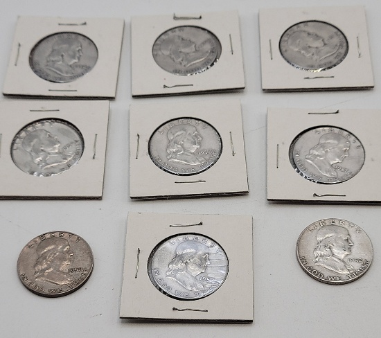 9 Franklin Half Dollars - 1950, 2 1951, 2 1952, 2 1957, 2 1958 - Please Cal