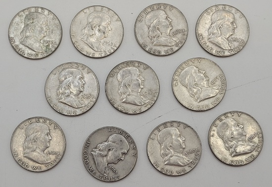 11 Franklin Half Dollars - 4 1953, 6 1960, 1963 - Please Call For Condition