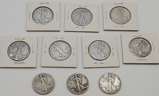 10 Walking Liberty Half Dollars - 1918, 1934, 1943D, 2 1943 No Mint Mark, 1944S, 3 1945, 1946 - Plea