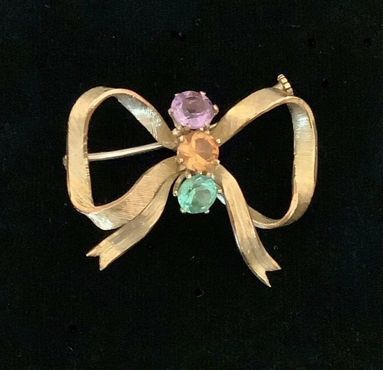 14kt Tested (unmarked) Bow Pin W/ 5 Gemstones - 1½" W, Total Weight 8.6 G