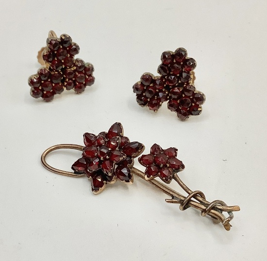 8kt Tested (unmarked) Garnet Dual Flower Pin - 1¾" W;     Pair 8kt Tested (