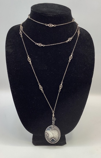 Edwardian Long Double Necklace/watch 28" Chain W/ Locket - 800 Silver