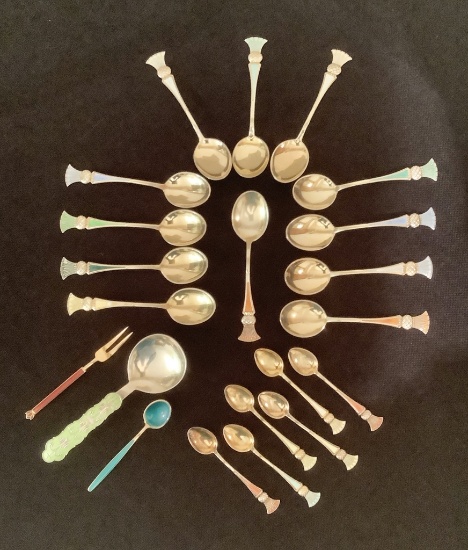 21 Pieces - Art Deco J. Tostrup Sterling & Enameled Spoons Etc.