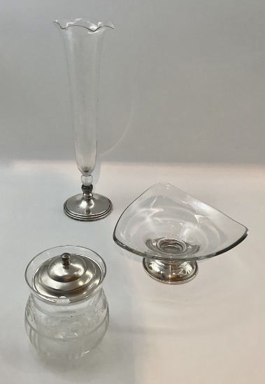 Etched Glass Vase W/ Sterling Base (unmarked) - 10½";     Glass Compote W/