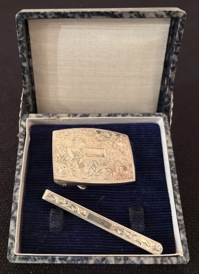 Vintage Sterling Belt Buckle & Tie Bar Set - In Original Box