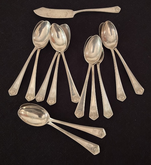 12 6" Sterling Monogrammed Teaspoons - 9.65 Ozt;     6¾" Butter Knife - 1.0