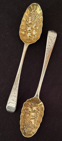 Pair English Sterling London Berry Spoons - Hallmarks Are Worn, 8½", 4.29 O