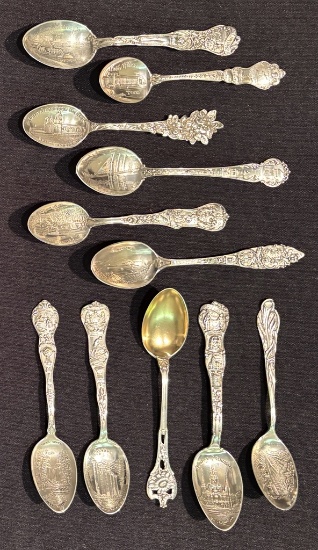 11 Sterling Souvenir Spoons - 6", 8.15 Ozt