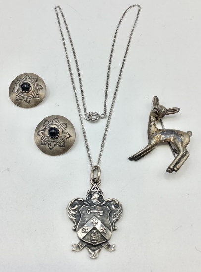 Vintage Sterling - Necklace W/ Crest Pendant, Deer Pin & Pair Southwest Ear