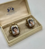 Pair Hand Painted Enameled Portrait Earrings - Victorian/Edwardian Era