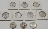 10 Walking Liberty Half Dollars - 1918, 1934, 1943D, 2 1943 No Mint Mark, 1944S, 3 1945, 1946 - Plea