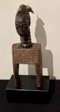 Baule Wood Carved Heddle Pulley Of Woman's Head - W/ Fiber Hair & Square Sh