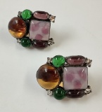 Pair Vintage Chanel Earrings - Fall 1993 Gripoix, Purple Green & Brown Glas