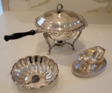 Silverplated Chaffing Dish; Silverplated Bowl; Silverplated Gravy B