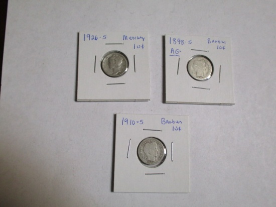 Barber Dimes 1898S (AG), 1910S, 1926S Mercury (3 Coins)