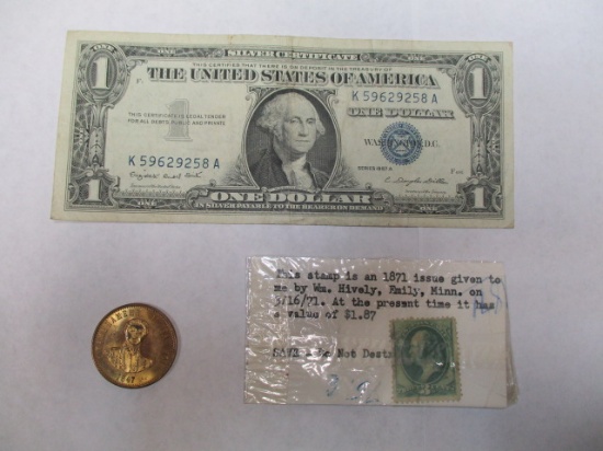 Misc. Items 1957 A silver certificate 1847 Hawaii Token Reproduction, 1871 Issue 3 cent stamp US