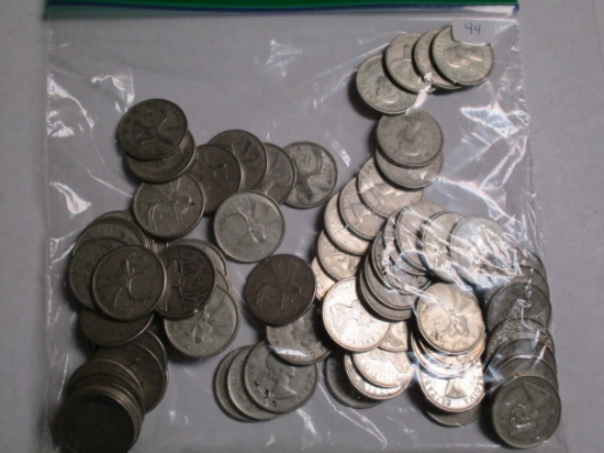 Silver Canadian 25 cent 1938-66 80% Silver (74 coins)