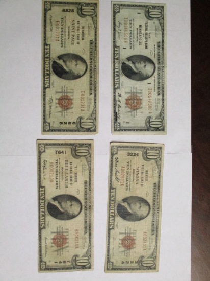 National Currency 1929 $10.00 notes (4 notes)