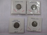 U.S. OID 10 cent, Deated Liberty dime 1887, Barber 10 cent 1904, 1906, 1907