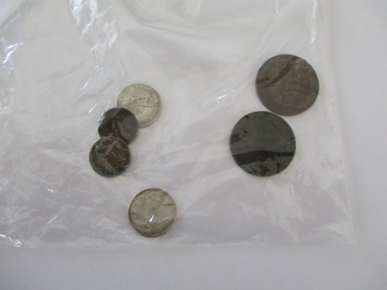 Canadian coins old issues 1917 one cent coins (2), Silver dimes 1955 & 1960 (2), rare silver 5 cent
