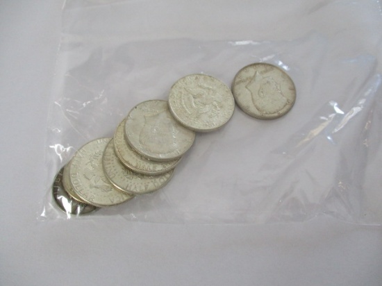 U.S. Silver coins 1964 Kennedy halves (6), Washington 25 cent 1958 & 1964