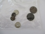 Canadian coins old issues 1917 one cent coins (2), Silver dimes 1955 & 1960 (2), rare silver 5 cent