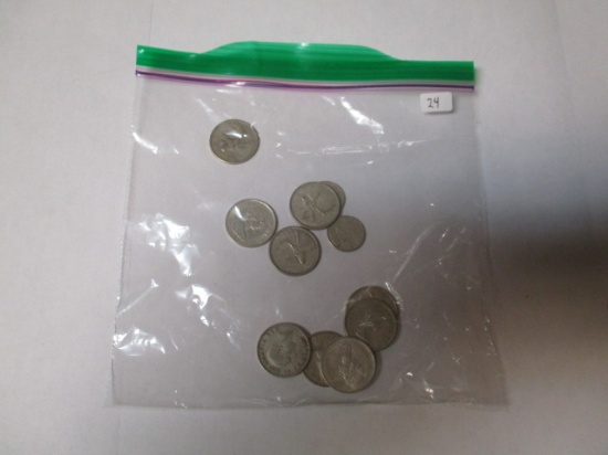 Canadian silver coins 10 cent (2), 25 cent (9), 11 coins